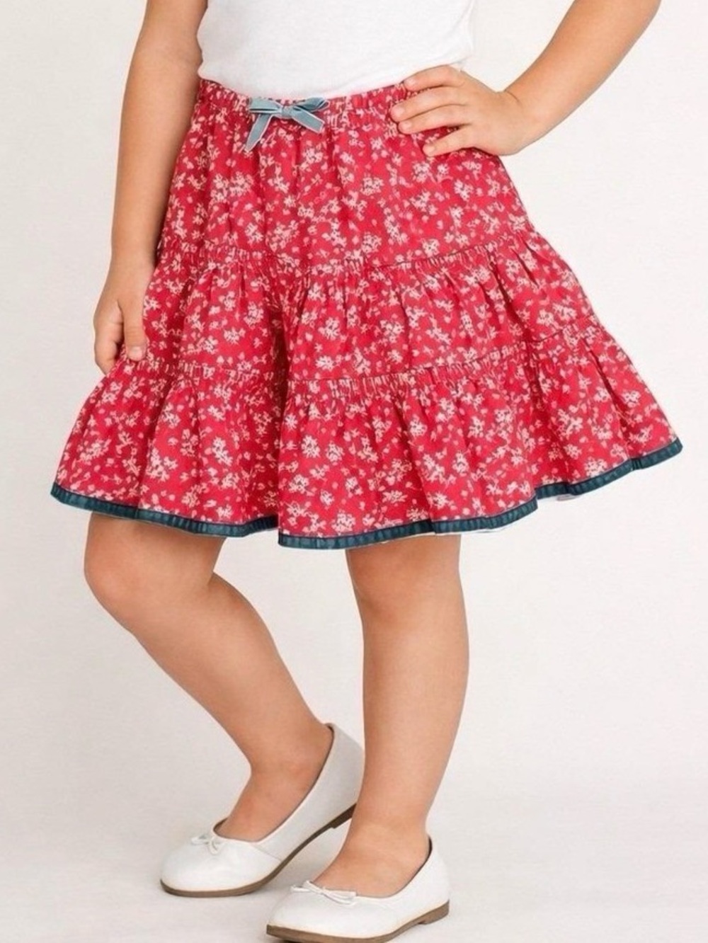 Mini Boden Red Ditzy Floral Tiered Corduroy Lined Blue Trim Skirt Size 9-10